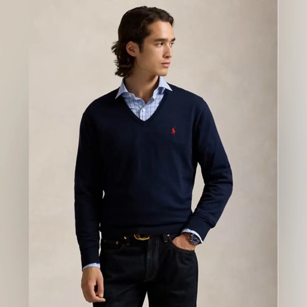 Polo Ralph‎ Lauren Mens Pima Cotton V-Neck Sweater Navy Blue Large